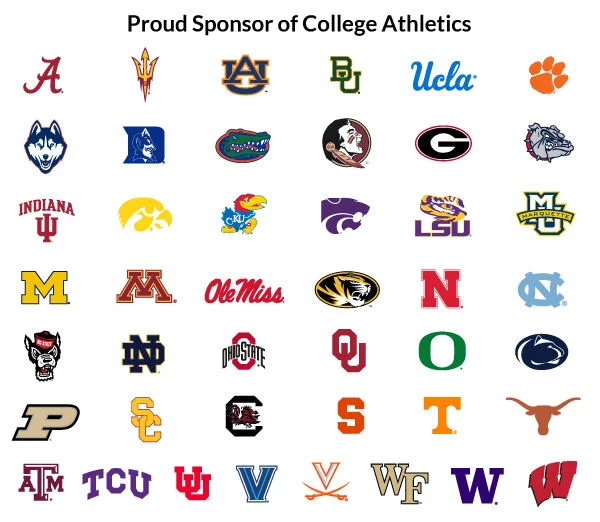 Grid of colorful NCAA Division I university logos under the title 'Proud Sponsor of College Athletics.'